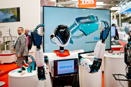 Robot at the booth of THK on Messe fair in Hannover, Germanyのeditorial素材