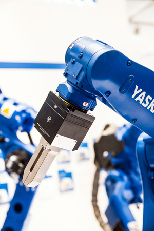 Yaskawa robot arm on Messe fair in Hannover, Germanyのeditorial素材