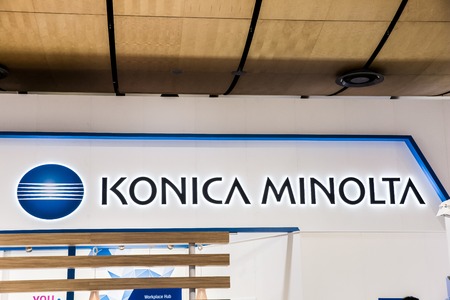 Konica Minolta logo sign on booth stand on Messe fair in Hannover, Germanyのeditorial素材