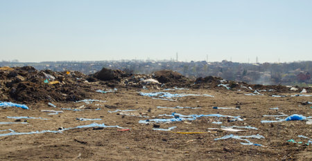 Dead fish and garbage at the riverside with blur city background,