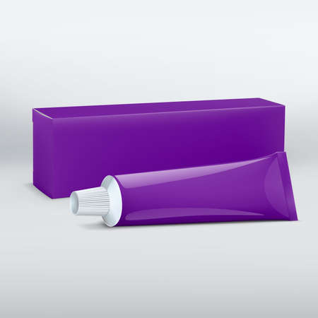 Realistic long purple cardboard box and tube mockup for toothpaste, cosmetics, cream. Packaging collection. Vector illustration isolated on white background.のイラスト素材