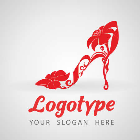 Red high heel shoes with flowers. Dress shoes, floral pattern. Isolated on a white background - vector. Modern Logo Template, Boutique Decoration. Fashion Beautiful red shoe logo.のイラスト素材