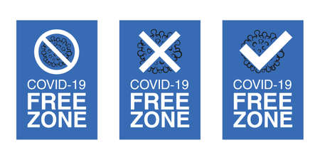 Set Covid free zone signs. Coronavirus, covid-19 free area, zone banner. Disiase free sign, symbol. Coronavirus outbreak stop icon. Sign for public places COVID-19 free zones and disinfect areas.のイラスト素材