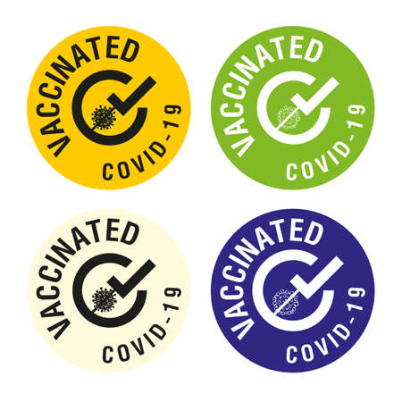 Set of Vaccinated COVID-19 labels. Vaccination information announcement label. Vaccination yellow stamp. Abstract symbol  in the form of a flat syringe.のイラスト素材