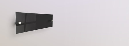 Black wide rectangle Transparent glass nameplate plate on spacer metal holders. Clear printing board...