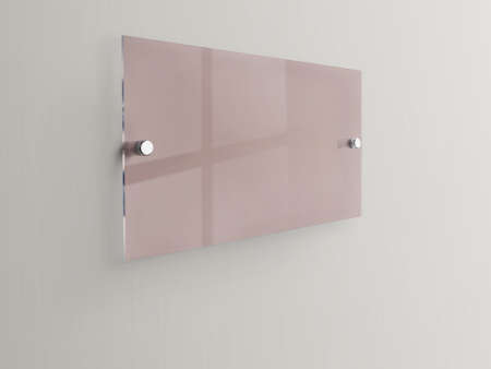 Rose ectangle transparent glass nameplate plate on spacer metal holders. Clear printing board for branding. Acrilic advertising signboard on white background mock-up side view. proportional 1 to 2.の写真素材
