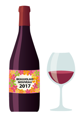 2017 Beaujolais nouveau wine bottle and glass imageのイラスト素材