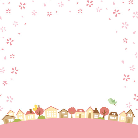 Spring town scape with cherry blossom vector background.のイラスト素材