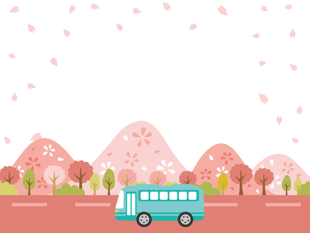 Spring bus tour vector background. Vector illustration.のイラスト素材