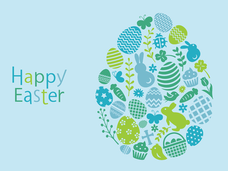 Happy easter flat icon frame vector card with colorful easter eggs and rabbits on blue background.のイラスト素材