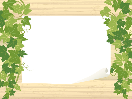 Fresh ivy leaf vector frame on wooden texture background.のイラスト素材