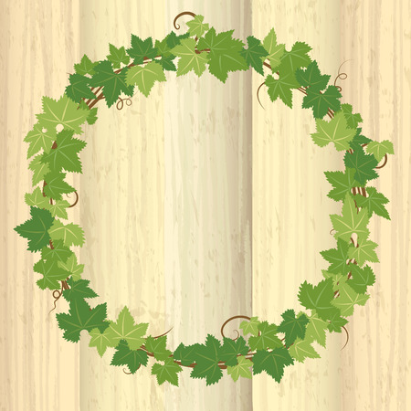 Fresh ivy leaf vector frame on wooden texture background.のイラスト素材