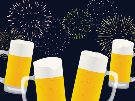 beer glasses on the background of night sky with fireworks.のイラスト素材