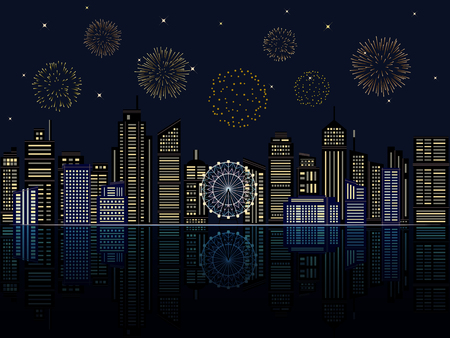Cityscape buildings with fireworks. vector illustration.のイラスト素材