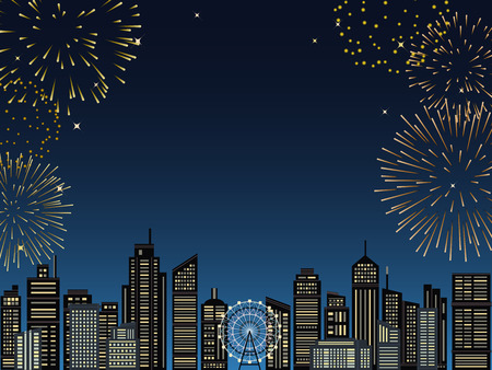 Cityscape buildings with fireworks. vector illustration.のイラスト素材