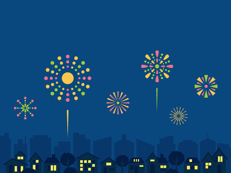 Cityscape with fireworks.vector illustration.のイラスト素材