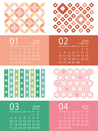 Calendar template for 2019 year. January, February, March, Aprilのイラスト素材