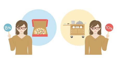 Japanese woman showing reduced tax rate. Comparison of delivery and catering.のイラスト素材