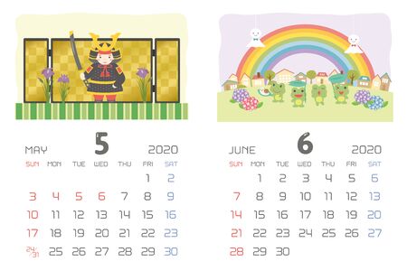 calendar template for 2020 year with Japanese events. May, June.のイラスト素材