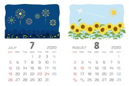 calendar template for 2020 year with Japanese events. July, August.のイラスト素材