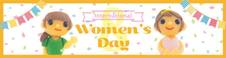 International women's day banner.  Woman doll made of clay.の写真素材