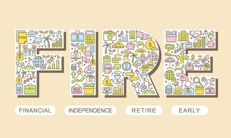 FIRE vector typography. Financial Independence Retire Early line icon pattern.のイラスト素材