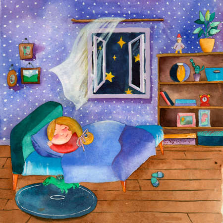 Watercolor illustration. Young girl sleeping in her room with open window. Female concept. Horizontal view, copy-space. Template for designs, card, posters, wallpaper.の写真素材