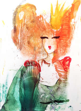 Watercolor illustration of cute princess. Old fairy tale medieval character. Hand drawn style. Cartoon young queen. Green dress. Floral ornament. Red hair girl. Smiling face. Cute invitation card.の写真素材