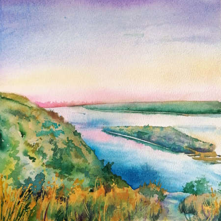 abstract watercolor landscape with mist and rising sun, hills and river, cobweb morning in mountains, hand drawn illustration, nature background.の写真素材