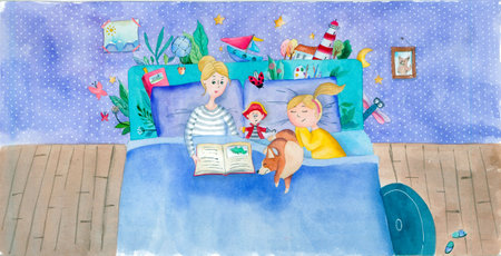 Watercolor illustration of a mother reading bedtime story to her daughterの写真素材