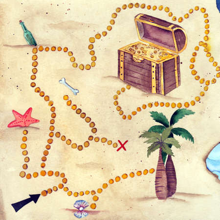 Logical puzzle game with labyrinth for children and adults. Help pirate find way in treasure island to buried gold. Printable worksheet for kids brain teaser book. IQ test.  cartoon image.の写真素材