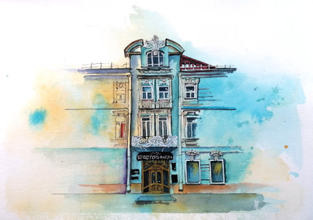 Watercolor painting of retro romantic restaurant, cafe in a small Italian town. Vintage Italyの写真素材