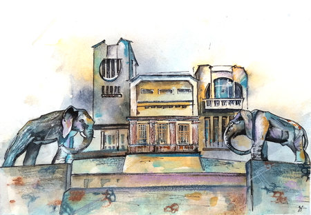 Watercolor and ink sketch of city building, hand drawn houses, urban illustrationの写真素材