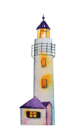 Maritime lighthouse tower on rock stones island. Hand painted water color graphic drawing on white with copy space, cutout clipart design element for marine card, banner, frame, border, poster, decor.の写真素材