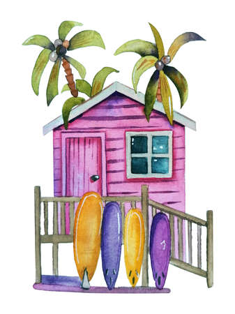watercolor illustration of a beach house with a surfboard. A postcard of a summer sea holidayの写真素材