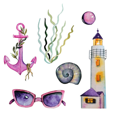 Watercolor tropical vacation set. Hand painted summer beach objects: sunglasses, lighthouse, seashell, seaweed and anchor. Illustration isolated on white backgroundの写真素材