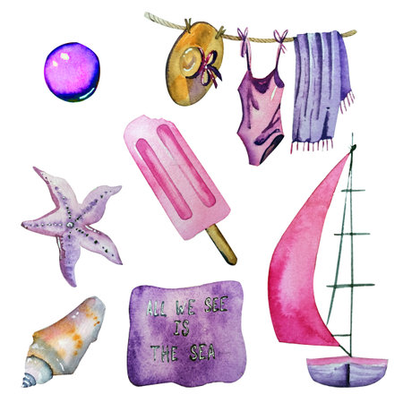 Watercolor tropical vacation set. Hand painted summer beach objects: sunglasses, beach umbrella, cocktail, beach chair and straw hat. Illustration isolated on white backgroundの写真素材