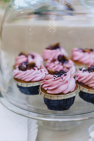 sweet festive buffet, fruit, caps, macaroni and lots of sweets well decoratedの写真素材