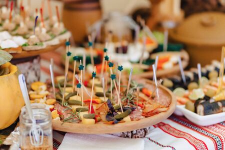 festive salty buffet, fish, meat, chips, cheese balls and other specialties for celebrating weddings...