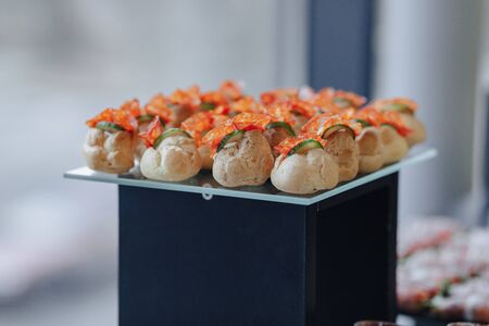 holiday delicious salty buffet with various vegetables and meat flavorsの写真素材