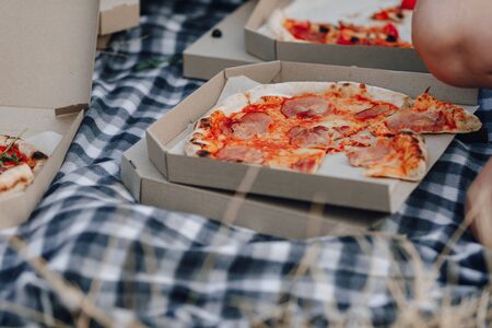 pizza on the lawn in boxes at summer party