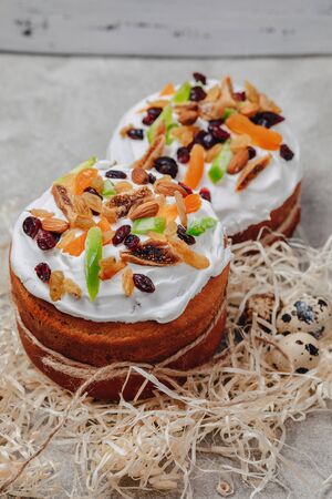 Easter pastries and easter eggs. Easter celebration concept.の写真素材