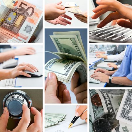 Conceptual image - grid of business photos: white collars moneyの写真素材