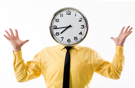 Portrait of man in yellow shirt and clock instead of head with open palmsの写真素材