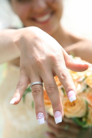 Close-up of brides hand with posh wedding ring showing it to youの写真素材