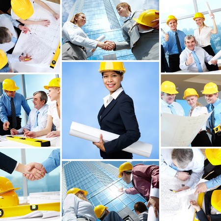 Collage of business teams and leader working in architectureの写真素材