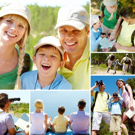 Collage of family members on vacation の写真素材