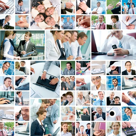 Collage with businesspeople working together and toolsの写真素材