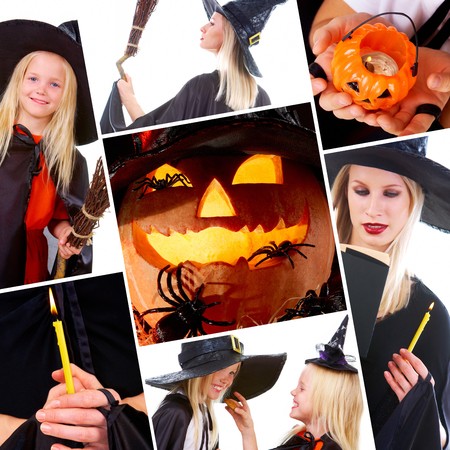 Halloween collage with pumpkin, spiders and people in black costumesの写真素材