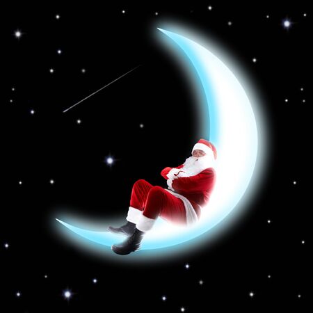 Photo of Santa Claus sleeping on shiny moon with night sky at backgroundの写真素材